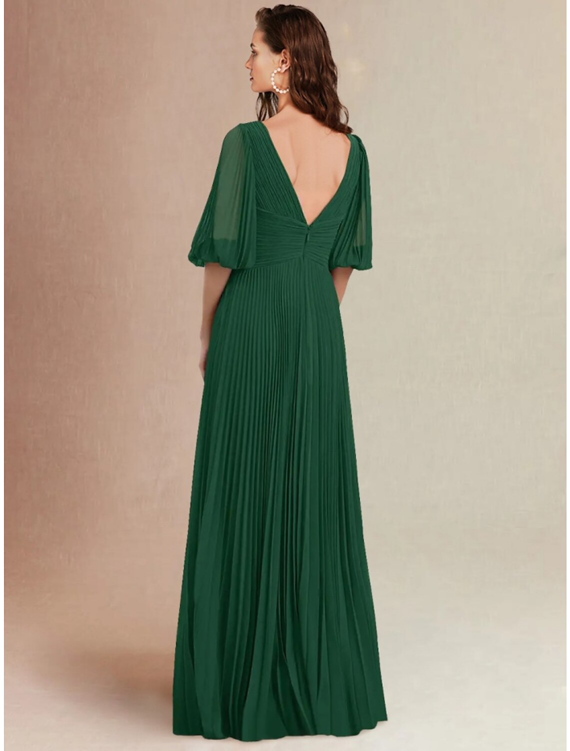 A-Line Bridesmaid Dress V Neck Half Sleeve Elegant Floor Length Chiffon with Split Front