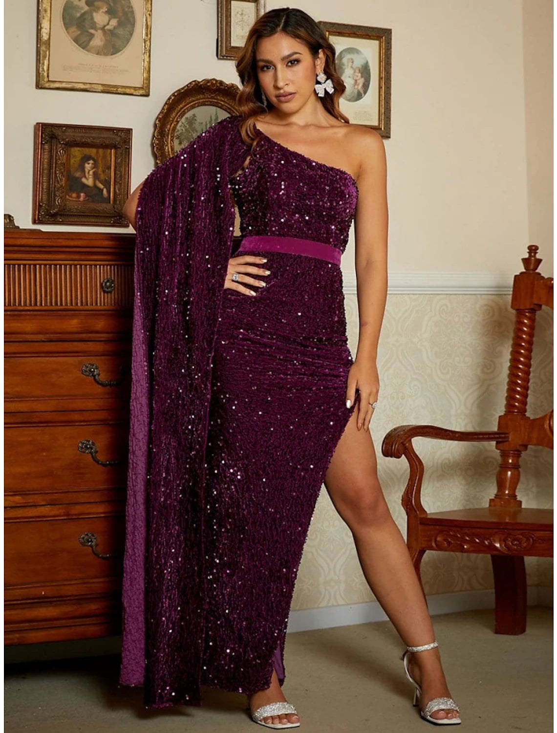 Mermaid / Trumpet Evening Gown Black Elegant Dress Formal Ankle Length Sleeveless One Shoulder Sequined