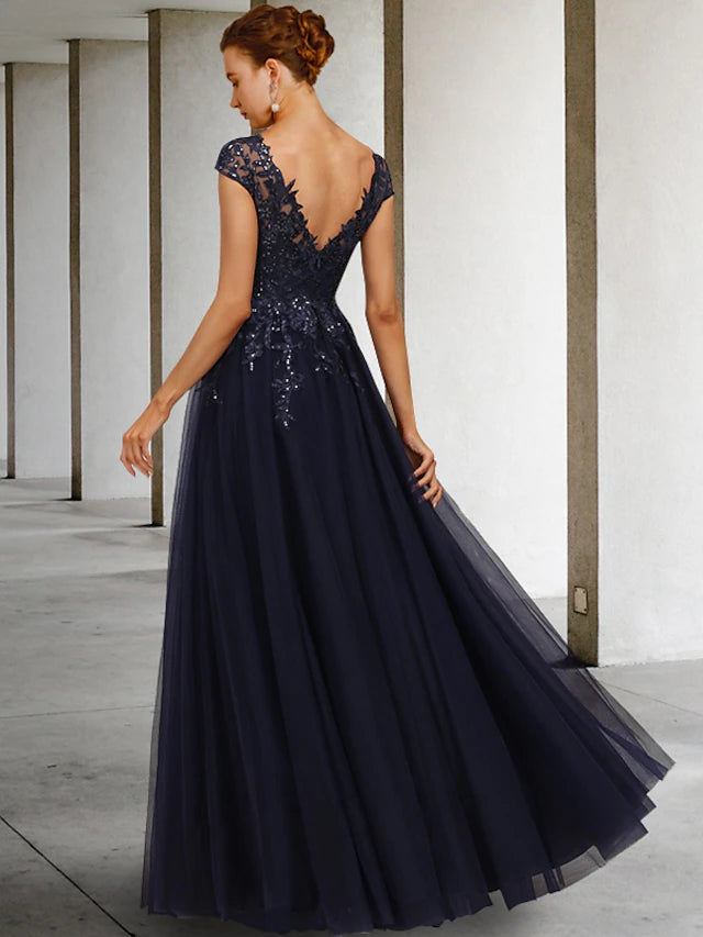 A-Line Mother of the Bride Dress Vintage Elegant V Neck Floor Length Tulle Sequined Cap Sleeve