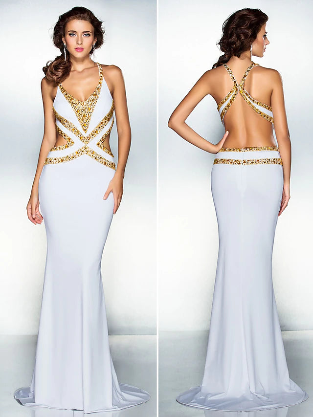 Mermaid / Trumpet Sparkle Dress Wedding Guest Sweep / Brush Train Sleeveless V Neck Jersey Crisscross Back