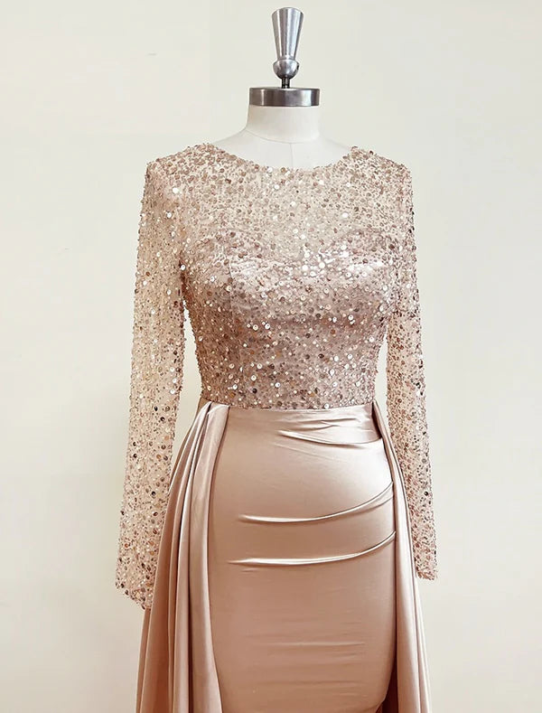 Mermaid Sequin Evening Gown Ruched Satin Dress Long Sleeves Floor Length Sparkle Illusion Neck Fall Wedding Guest Dress with Pearls