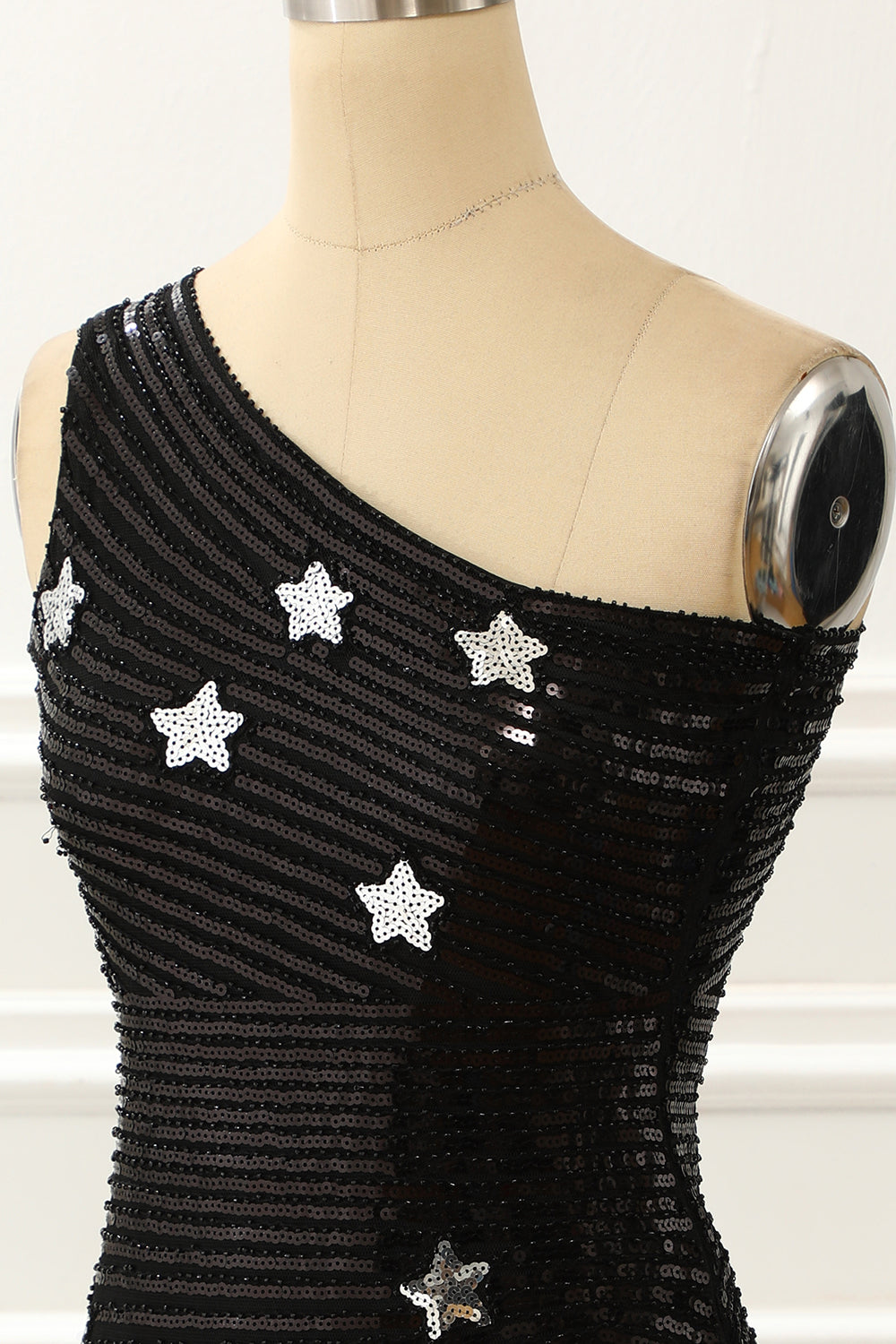 Black One Shoulder Sequin Cocktail Dress With Stars Short Sexy