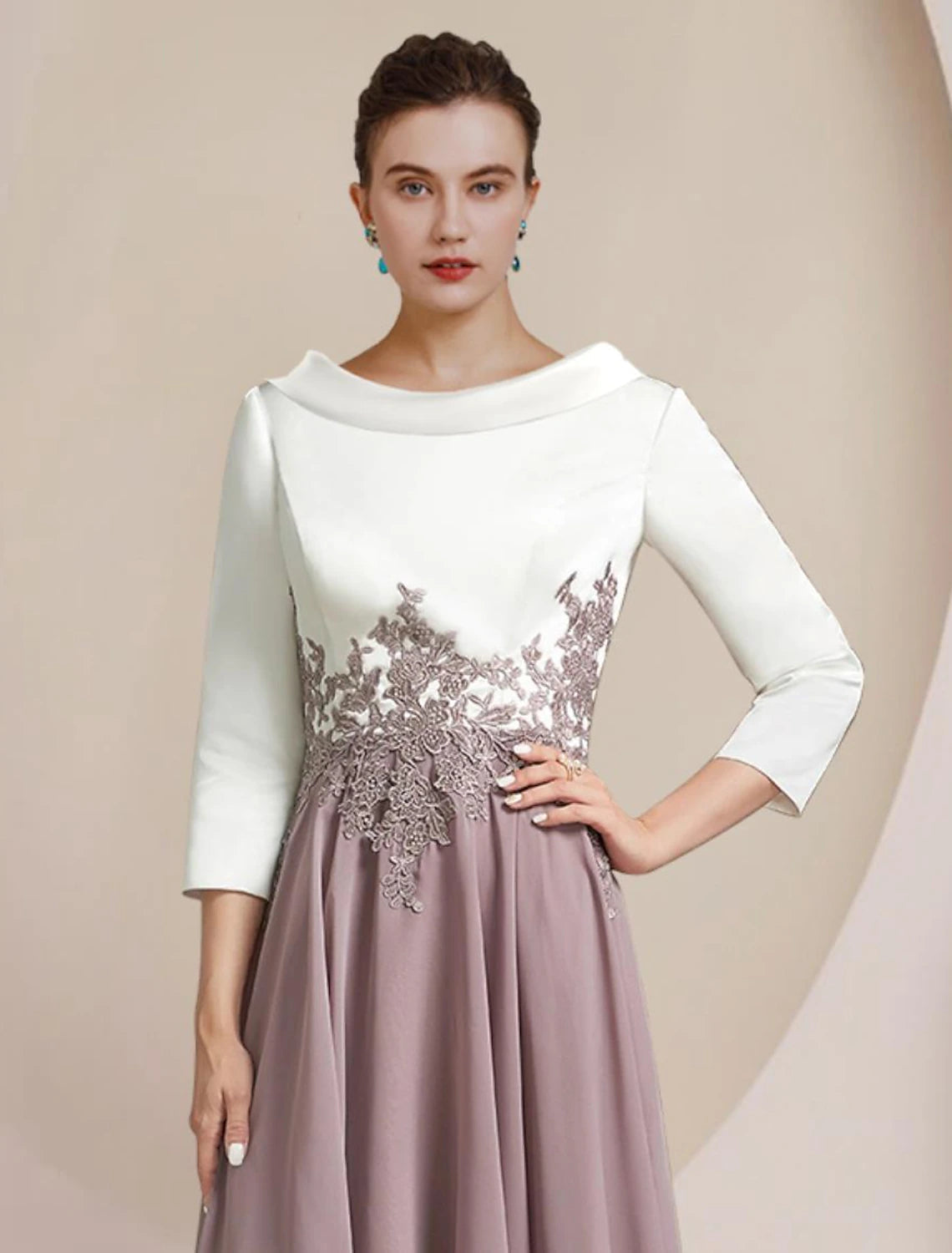 A-Line Mother of the Bride Dress Formal Wedding Guest Elegant High Low Scoop Neck Asymmetrical Tea Length Chiffon Satin Lace 3/4 Length Sleeve with Pleats Appliques