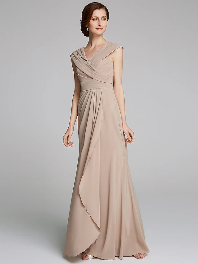 Sheath / Column Mother of the Bride Dress Elegant V Neck Floor Length Jersey Short Sleeve