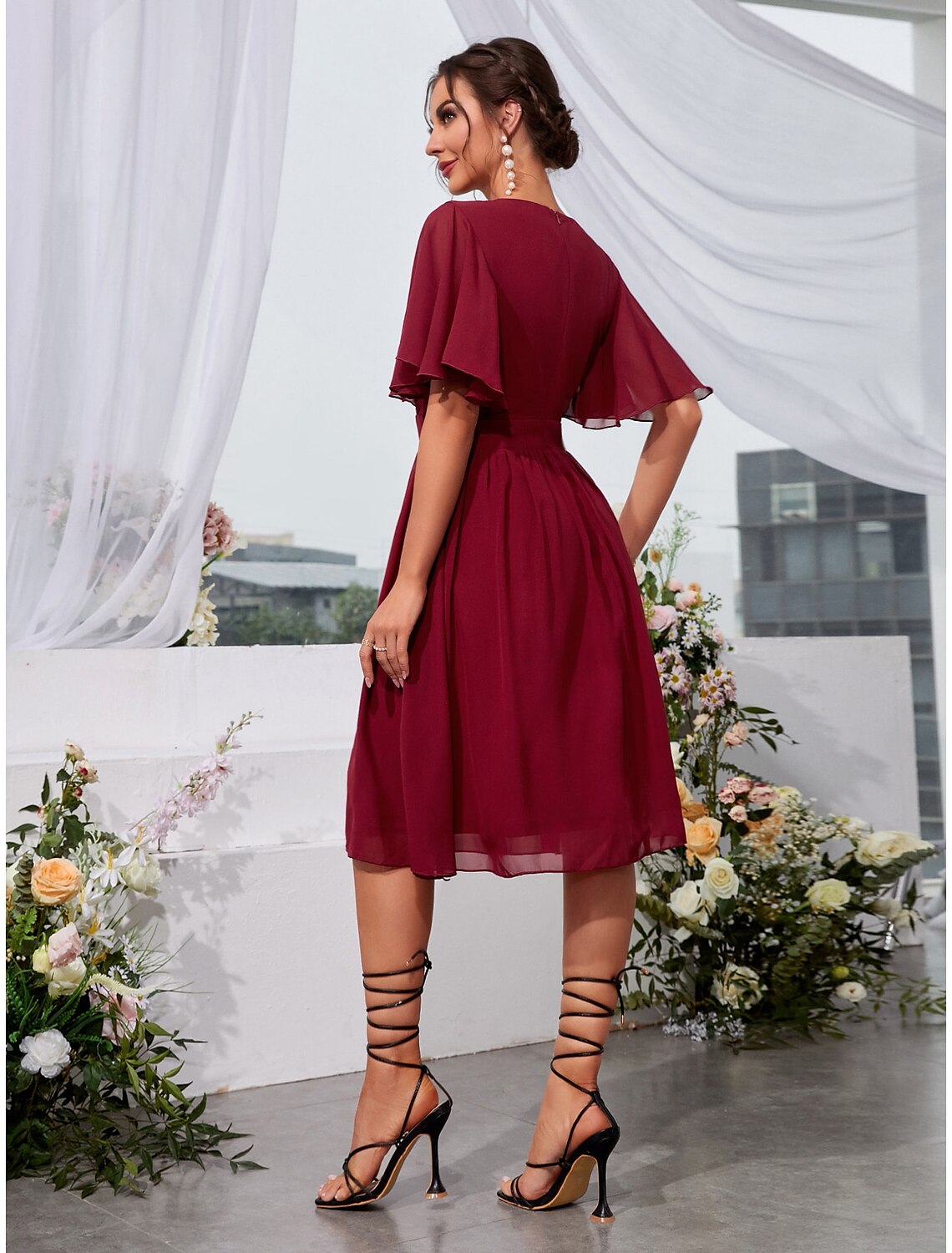 A-Line Wedding Guest Dresses Elegant Dress Holiday Knee Length Short Sleeve Jewel Neck Chiffon with Pleats