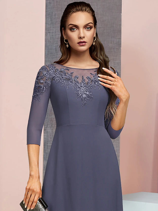 A-Line Mother of the Bride Dress Formal Elegant Jewel Neck Floor Length Chiffon Lace 3/4 Length Sleeve with Sequin