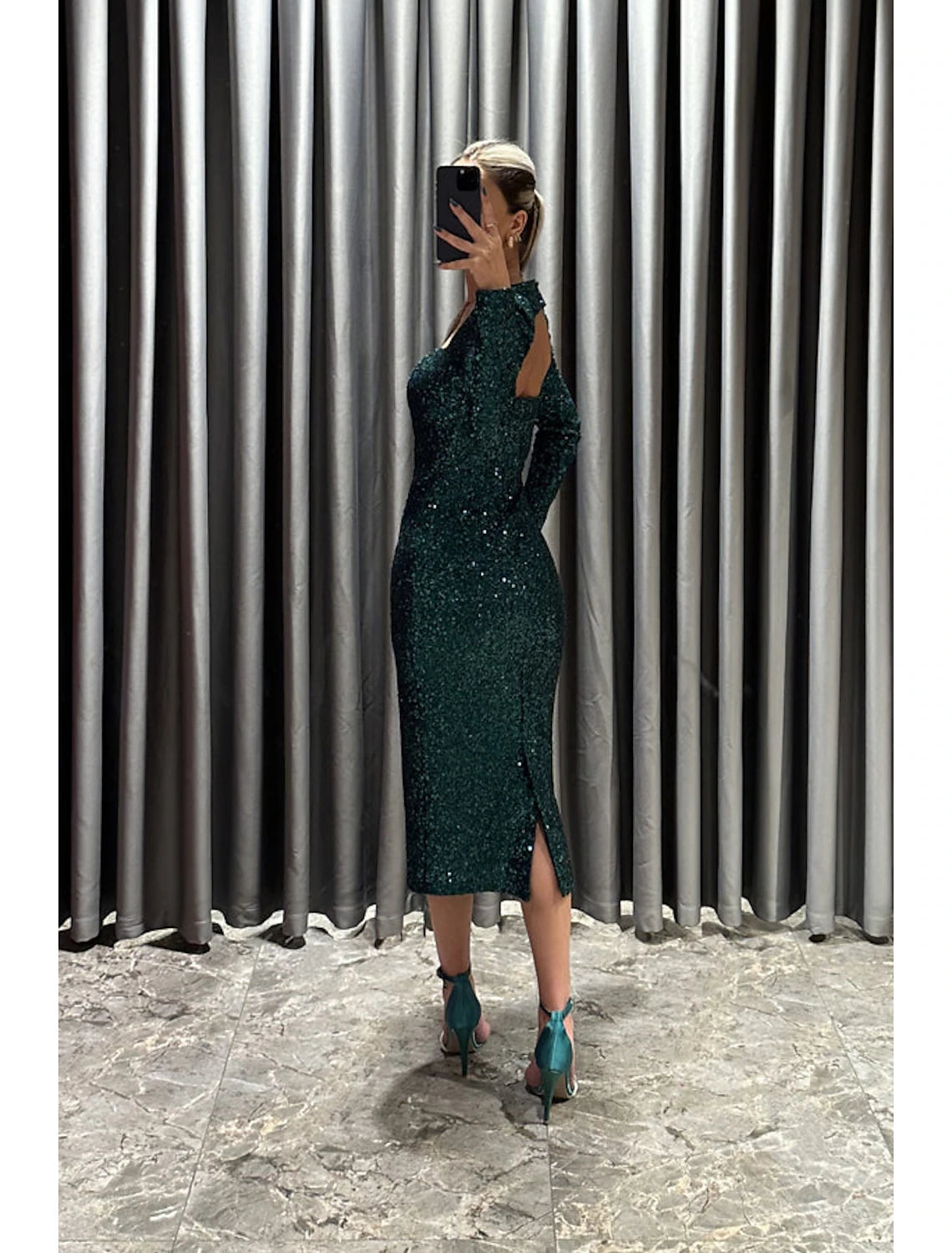 Sheath / Column Evening Gown Elegant Black Dress Formal Fall Tea Length Long Sleeve Square Neck Sequined
