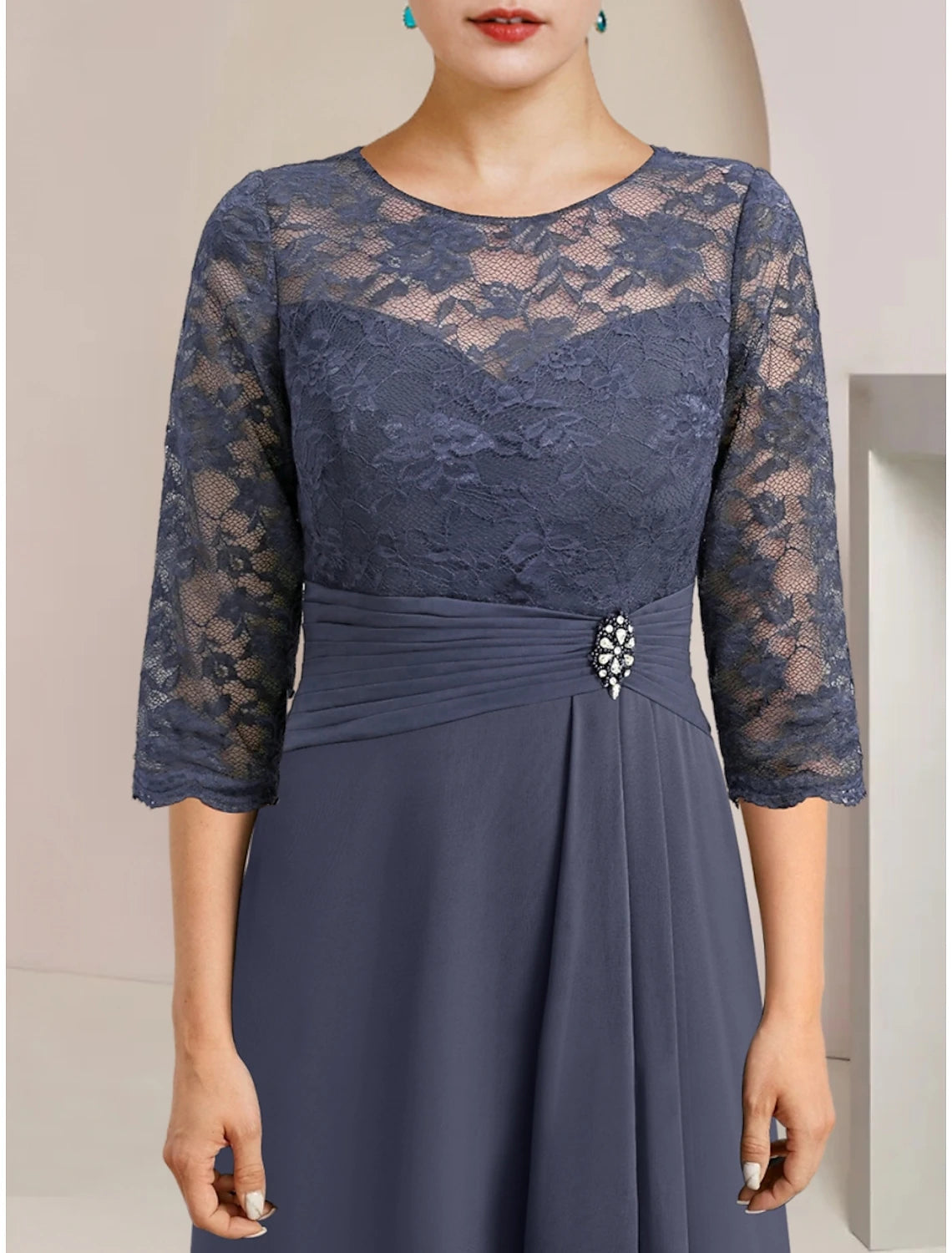 A-Line Mother of the Bride Dress Wedding Guest Elegant Jewel Neck Asymmetrical Chiffon Half Sleeve with Lace Crystal Brooch