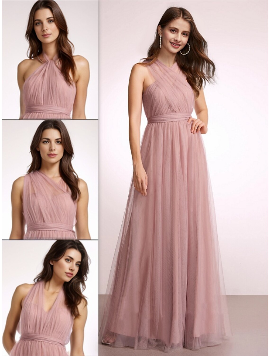 A-Line Bridesmaid Dress Halter Neck Sleeveless Elegant Floor Length Tulle