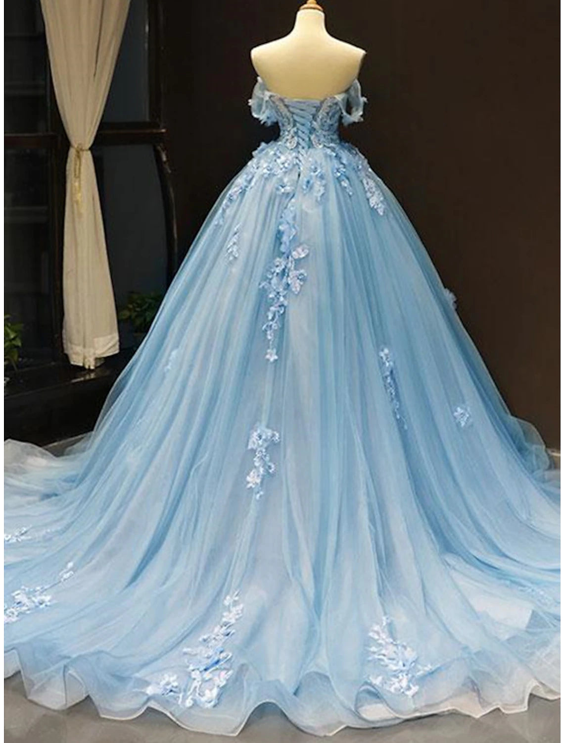 Charming Ball Gown Prom Dresses Floral Wedding Dress Court Train Off Shoulder Sweetheart Lace with Pleats