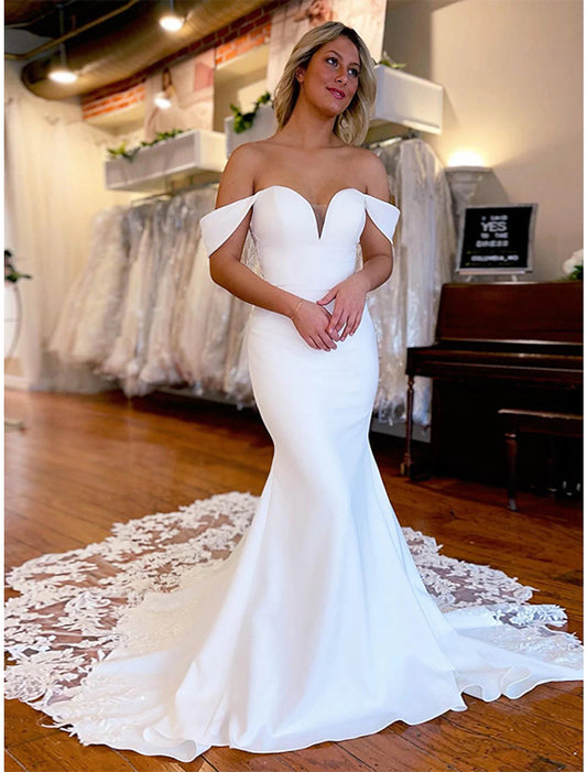 Formal Wedding Dresses Mermaid / Trumpet Off Shoulder Sleeveless Chapel Train Stretch Fabric Bridal Gowns