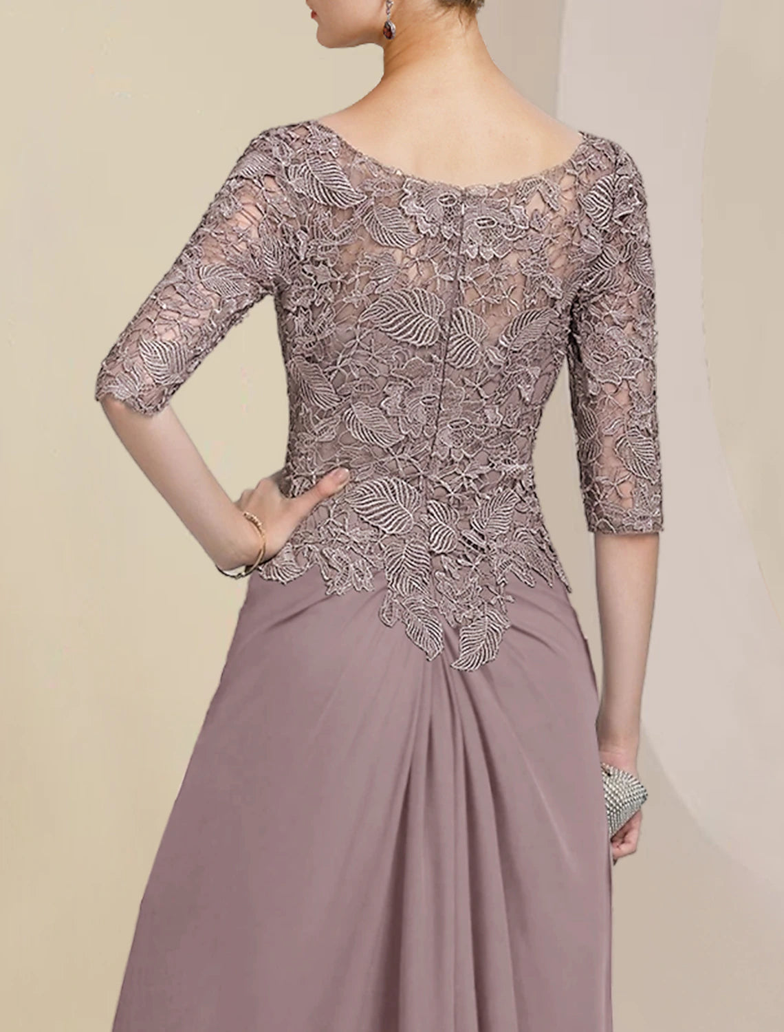Sheath / Column Mother of the Bride Dress Formal Wedding Guest Elegant Scoop Neck Floor Length Chiffon Lace Half Sleeve