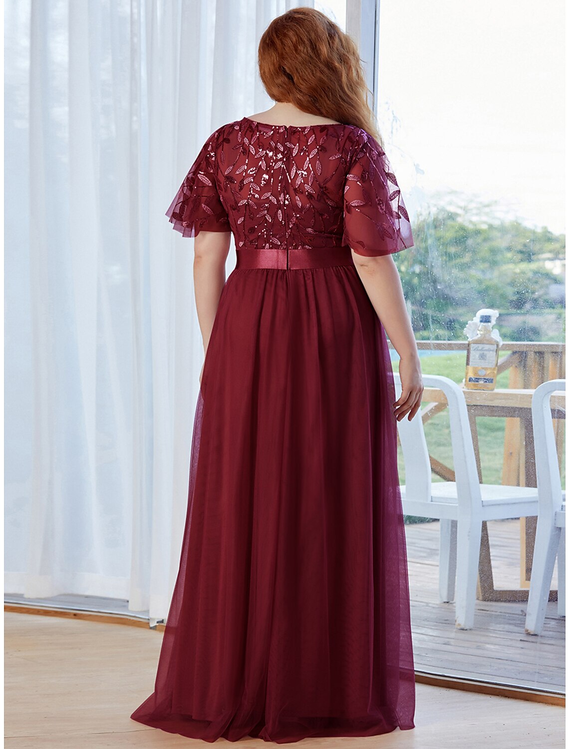 A-Line Prom Dresses Vintage Dress Prom Floor Length Short Sleeve Jewel Neck Tulle with Sequin Ruffles