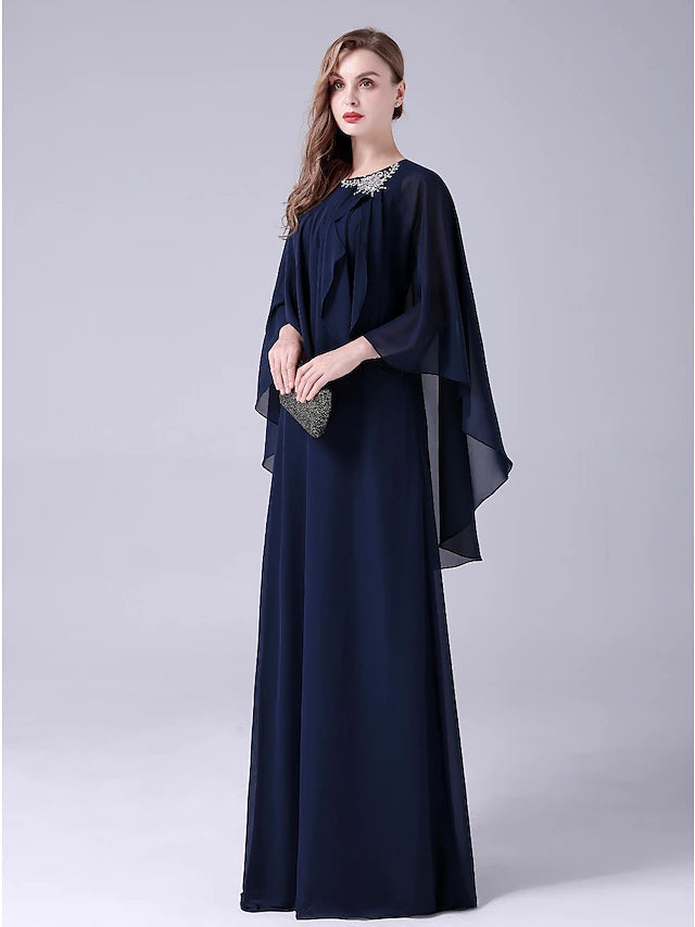 A-Line Mother of the Bride Dress Elegant Sweet Jewel Neck Floor Length Chiffon Sleeveless with Crystals