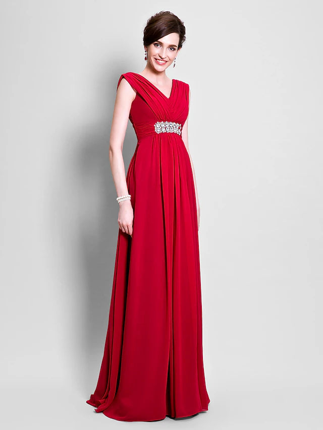A-Line Mother of the Bride Dress Open Back V Neck Floor Length Chiffon Sleeveless with Beading Side