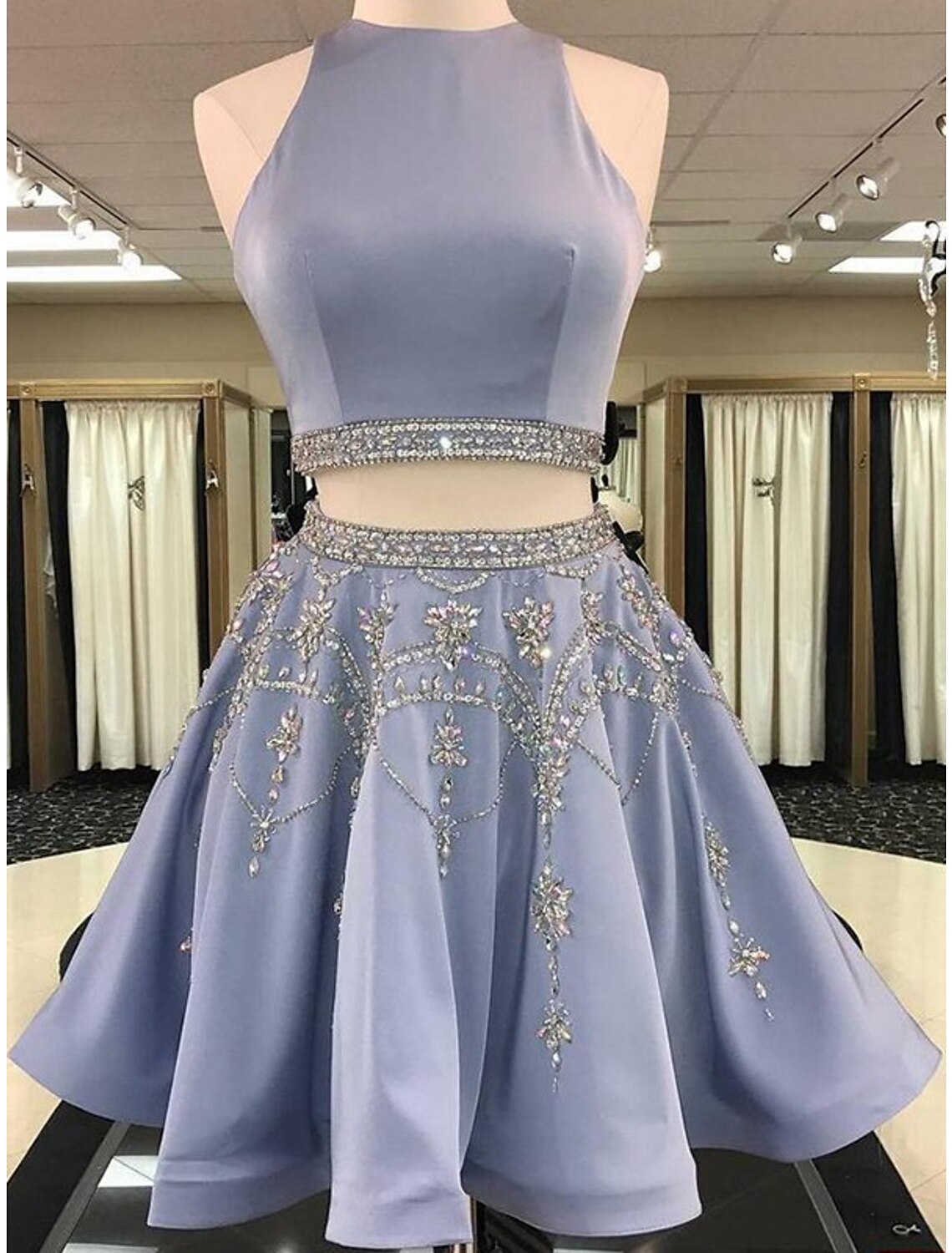 Two Piece Homecoming Dresses Elegant Dress Holiday Short Sleeveless Jewel Neck Satin with Beading