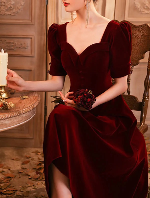 A-Line Cocktail Dresses Elegant Dress Wedding Guest Homecoming Tea Length Half Sleeve Scoop Neck Velvet