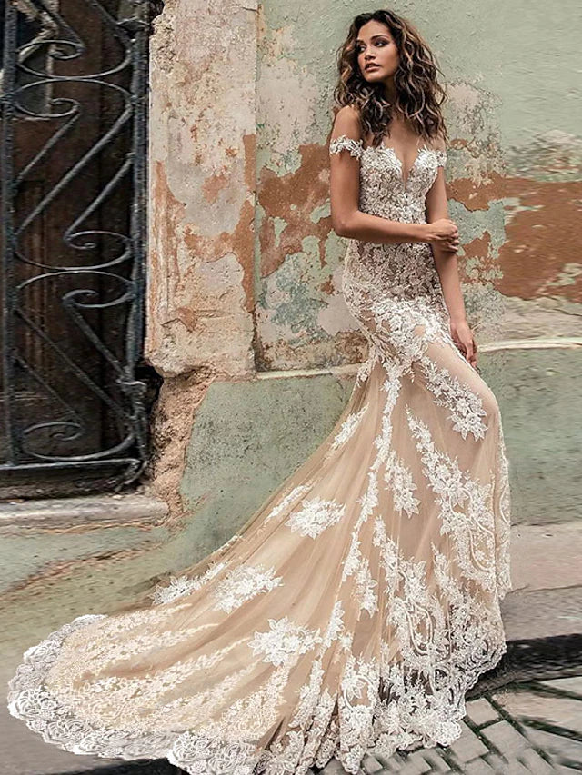 Engagement Formal Fall Wedding Dresses Ball Gown Sweetheart Cap Sleeve Court Train Lace Bridal