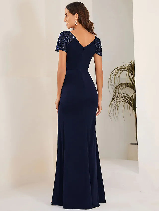 Mermaid / Trumpet Wedding Guest Dresses Elegant Dress Formal Floor Length Short Sleeve V Neck Stretch Fabric
