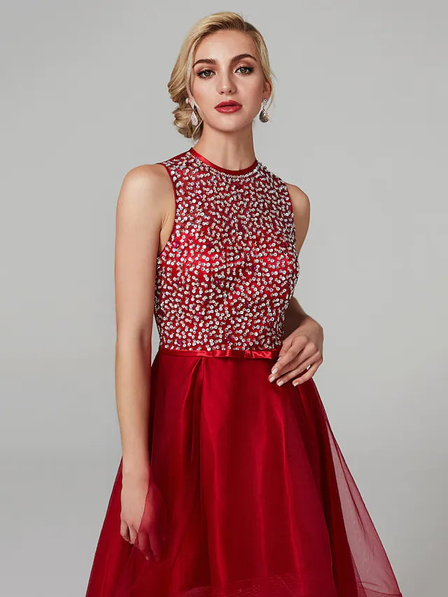 A-Line Sparkle & Shine Dress Wedding Guest Asymmetrical Sleeveless Jewel Neck Satin with Bow(s)
