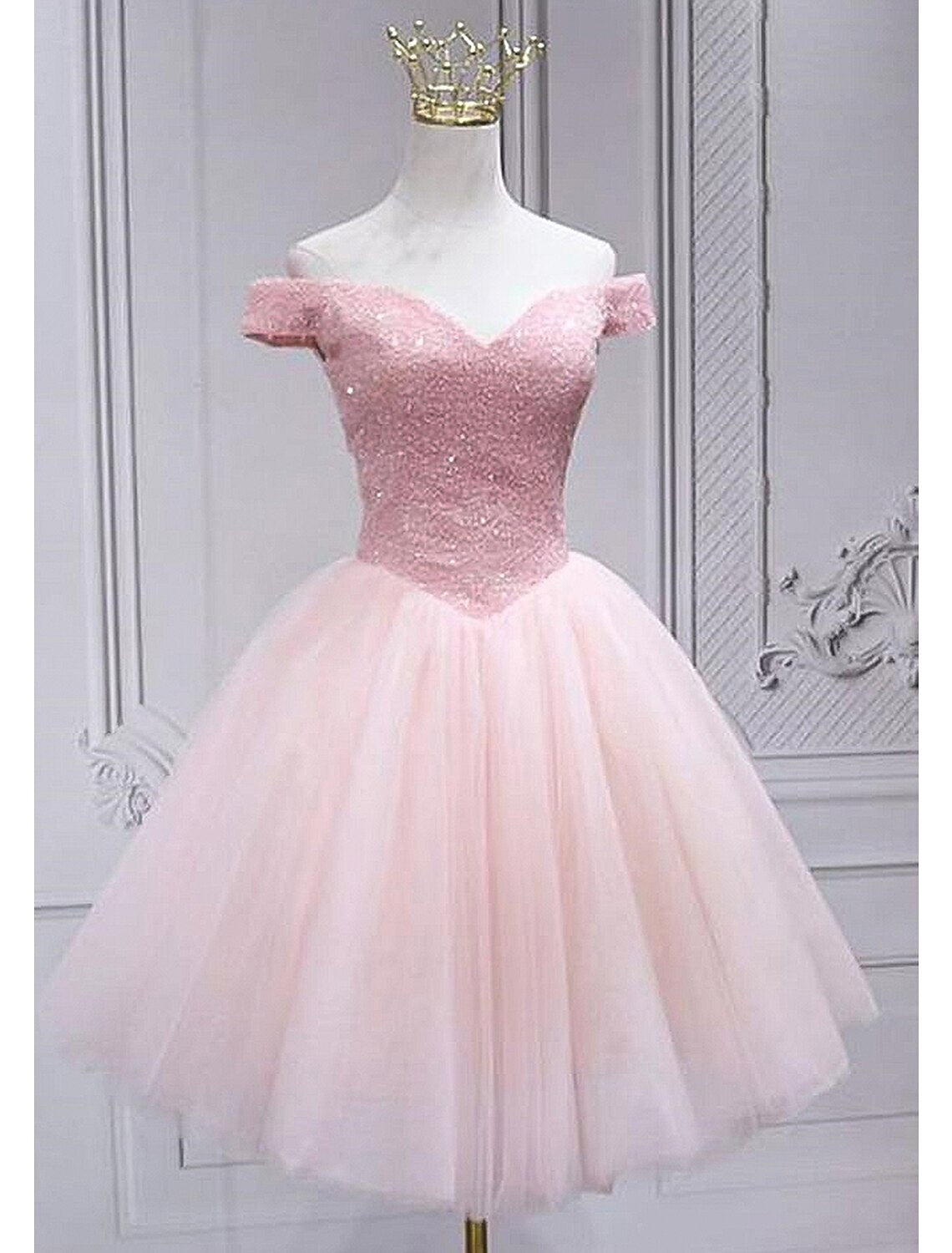 A-Line Homecoming Dresses Sparkle & Shine Dress Party Wear Knee Length Sleeveless Off Shoulder Pink Dress Tulle