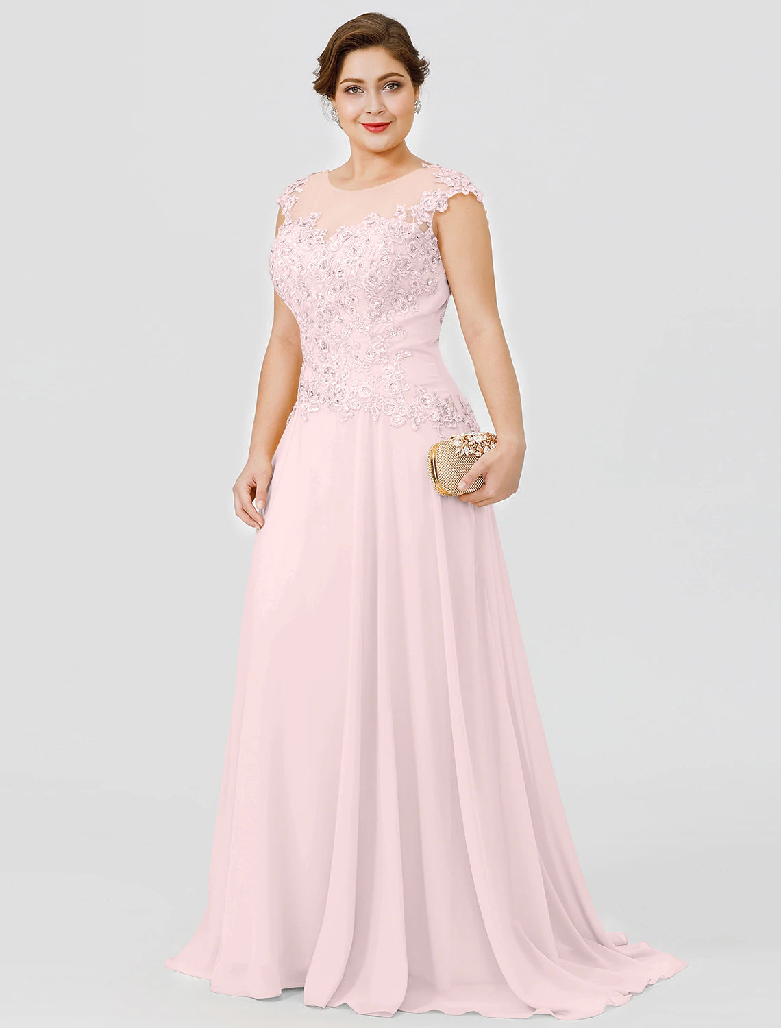 A-Line Mother of the Bride Dress Plus Size Elegant Illusion Neck Sweep / Brush Train Chiffon Beaded Lace Short Sleeve No with Bow(s)