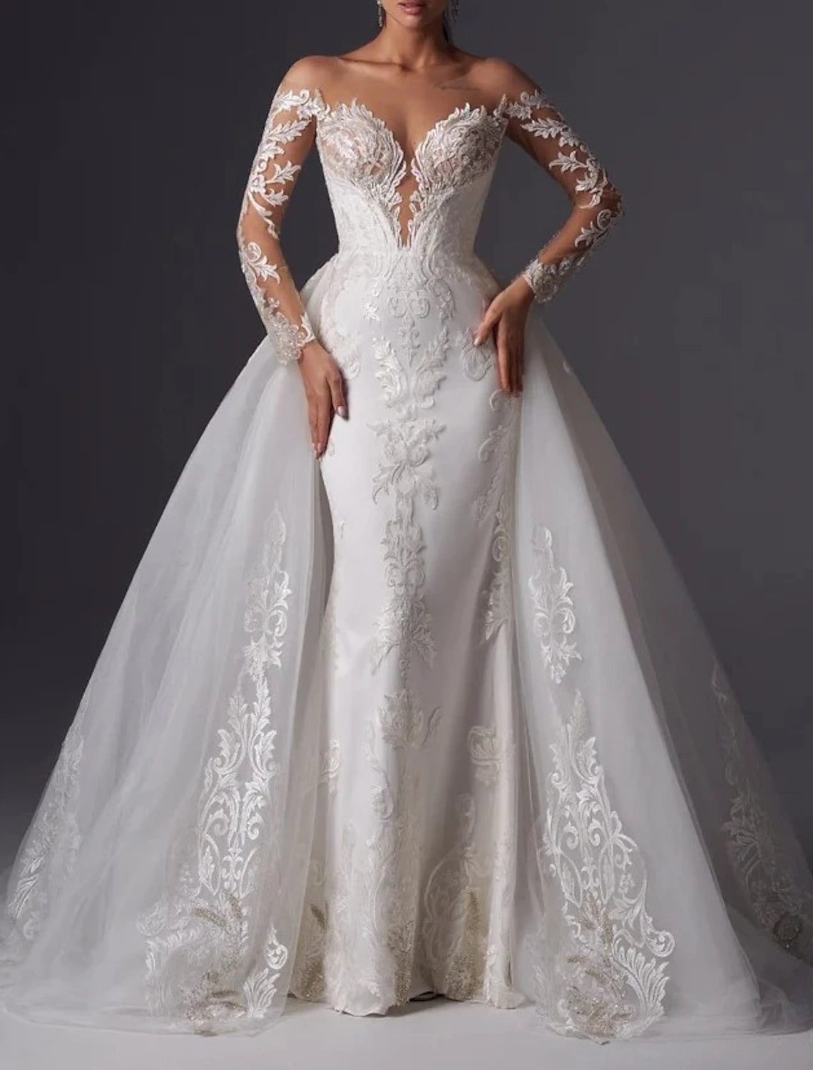 Engagement Formal Fall Wedding Dresses Mermaid / Trumpet Off Shoulder Long Sleeve Court Train Satin Church Bridal Gowns With Appliques Solid Color Wedding Party