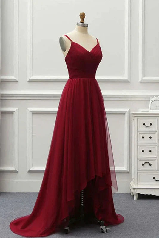 A Line High Low Tulle Train V Neck Backless Formal Prom Dress Evening Dress