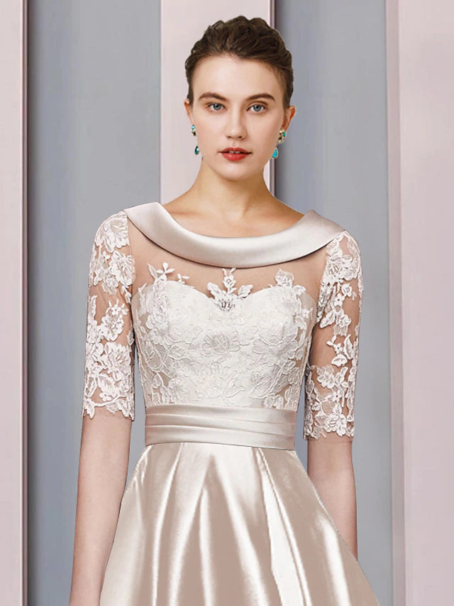 A-Line Mother of the Bride Dress Wedding Guest Elegant High Low Scoop Neck Asymmetrical Tea Length Satin Lace Half Sleeve