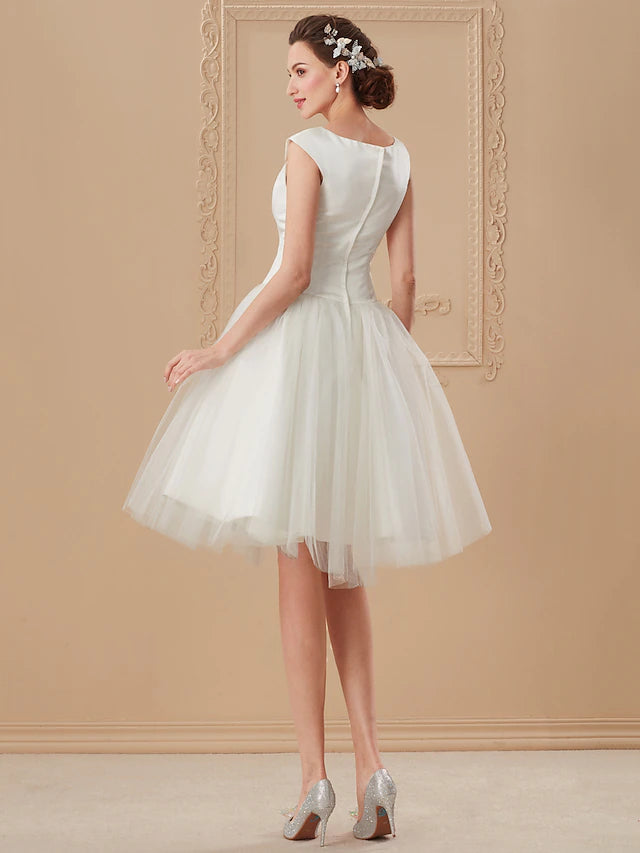 Beach Little White Dresses Wedding Dresses Knee Length A-Line Cap Sleeve Bateau Neck Satin
