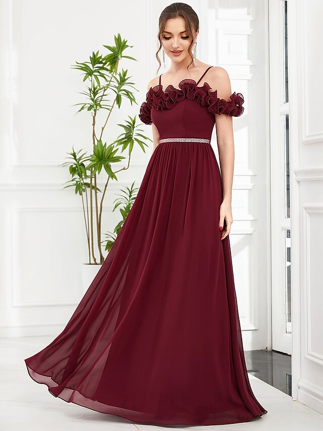 A-Line Prom Dresses Vintage Dress Wedding Guest Floor Length Sleeveless Off Shoulder Chiffon with Appliques Flower
