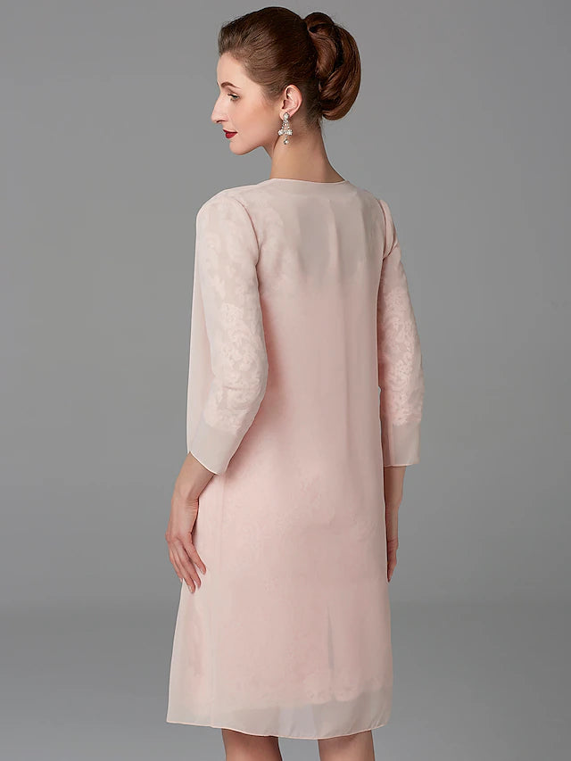 Two Piece Sheath / Column Mother of the Bride Dress Church Sparkle & Shine Jewel Neck Knee Length Chiffon Lace 3/4 Length Sleeve Jacket Dresses with Beading