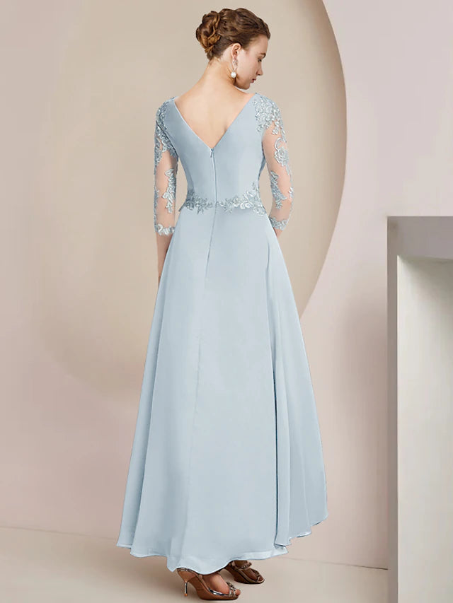 A-Line Mother of the Bride Dress Party Elegant V Neck Asymmetrical Lace Stretch Chiffon 3/4 Length Sleeve with Pleats