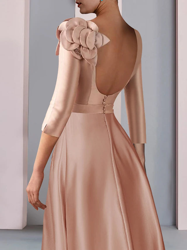 A-Line Mother of the Bride Dress Formal Wedding Guest Party Elegant V Neck Tea Length Satin Lace Half Sleeve with Flower Beautiful