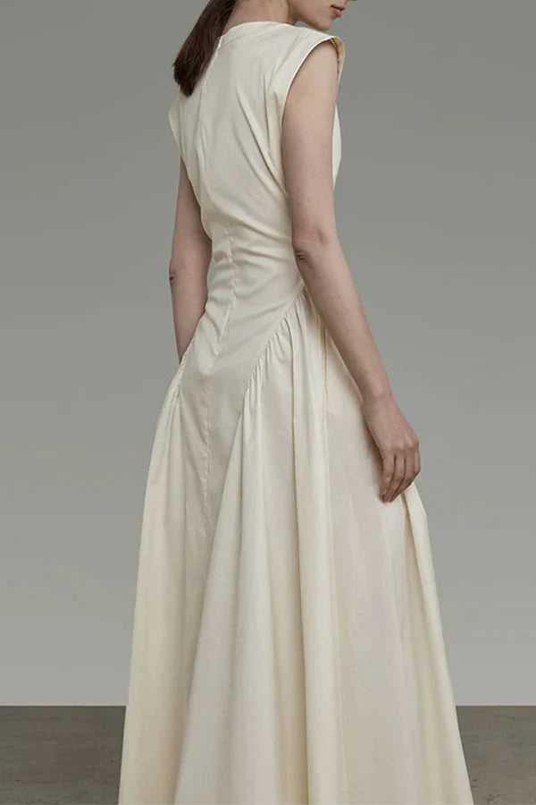 Elegant solid color pocket folding O-neck sleeveless evening dress Pure Color