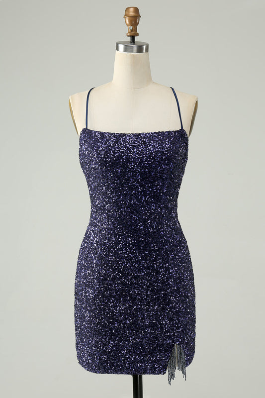 Sparkly Navy Bodycon Spaghetti Straps Backless Short Homecoming Dress with Sequins Sexy