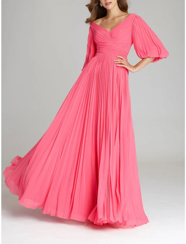 A-Line Evening Gown Elegant Dress Formal Floor Length Half Sleeve V Neck Chiffon with Pleats