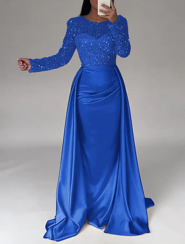 Mermaid Sequin Evening Gown Ruched Satin Dress Long Sleeves Floor Length Sparkle Illusion Neck Fall Wedding Guest Dress with Pearls