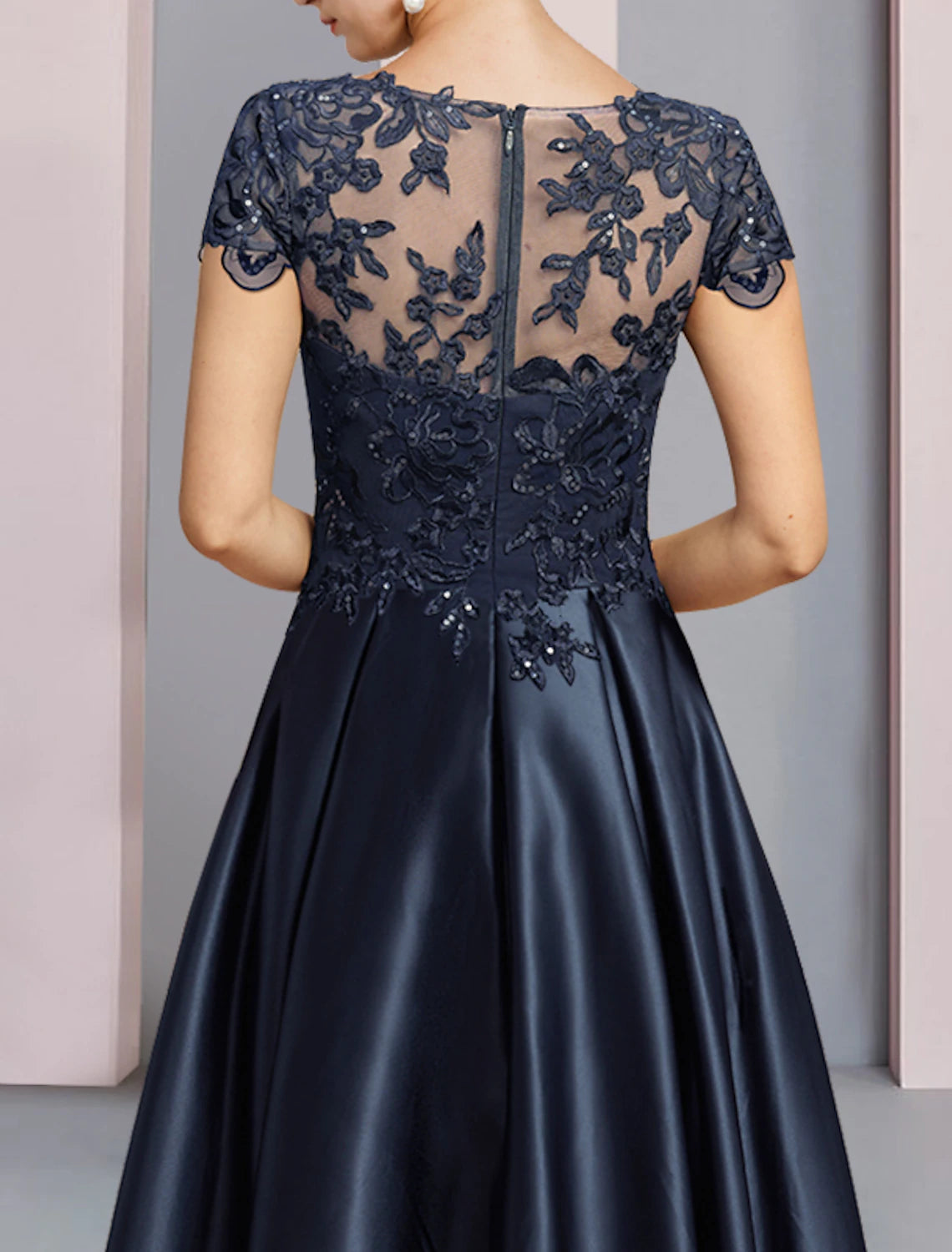 A-Line Mother of the Bride Dress Formal Wedding Guest Party Elegant High Low Scoop Neck Asymmetrical Tea Length Satin Lace Half Sleeve with Sequin