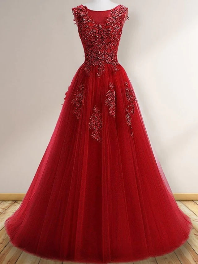 A-Line Prom Dresses Elegant Dress Wedding Guest Sweep / Brush Train Sleeveless Jewel Neck Tulle