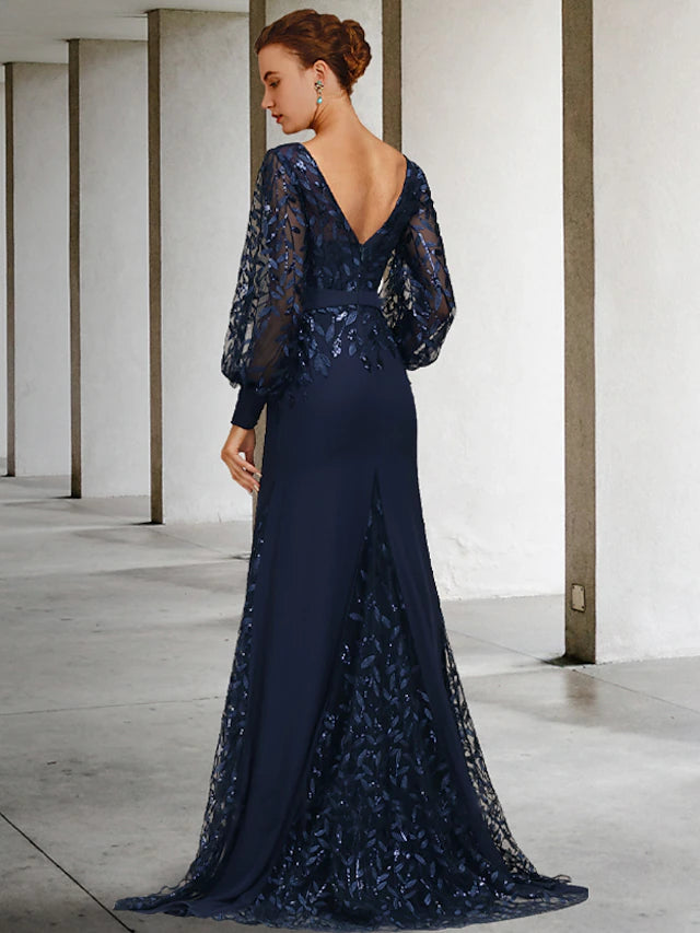Mermaid / Trumpet Mother of the Bride Dress Vintage Elegant Jewel Neck Sweep / Brush Train Chiffon Lace Long Sleeve