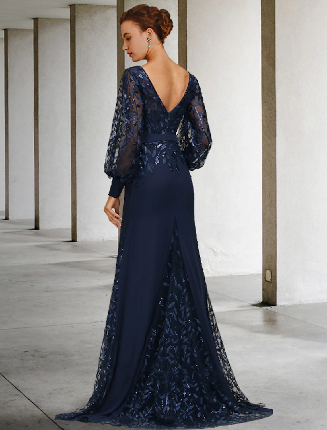 Mermaid / Trumpet Mother of the Bride Dress Wedding Guest Vintage Elegant Jewel Neck Sweep / Brush Train Chiffon Lace Long Sleeve with Sequin