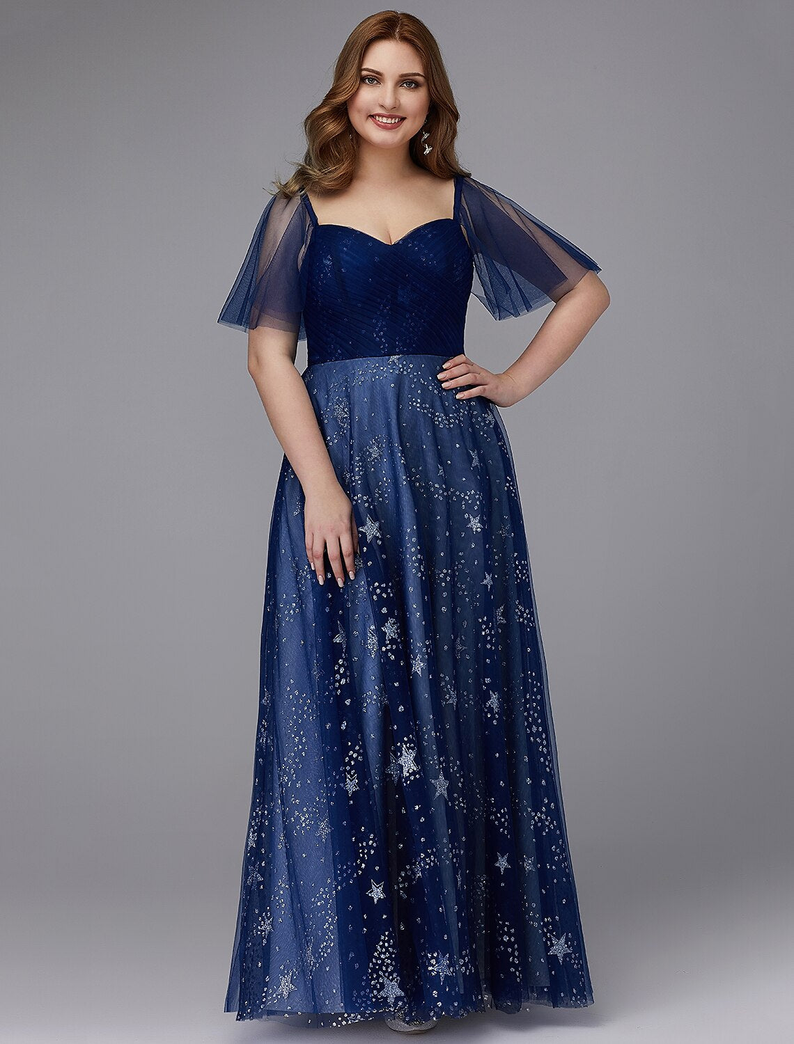 A-Line Plus Size Dress Wedding Guest Prom Floor Length Short Sleeve Sweetheart Tulle Lace-up with Beading Pattern