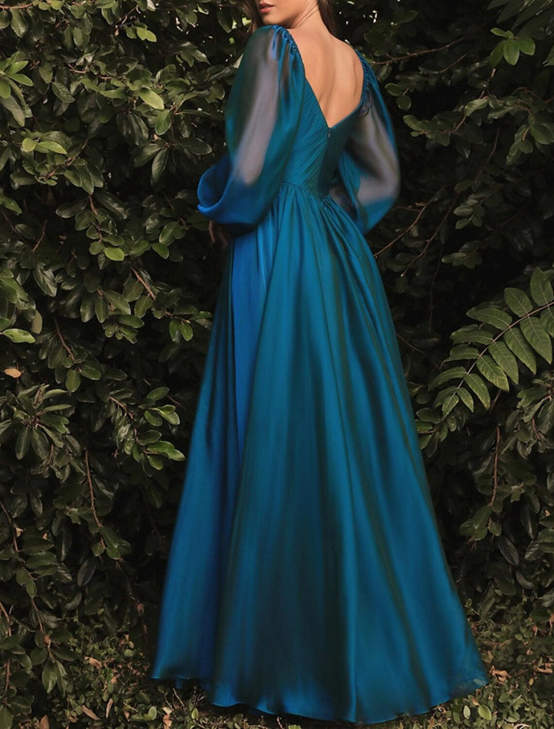A-Line Evening Gown Open Back Dress Formal Wedding Guest Floor Length Long Sleeve Square Neck Organza with Pleats