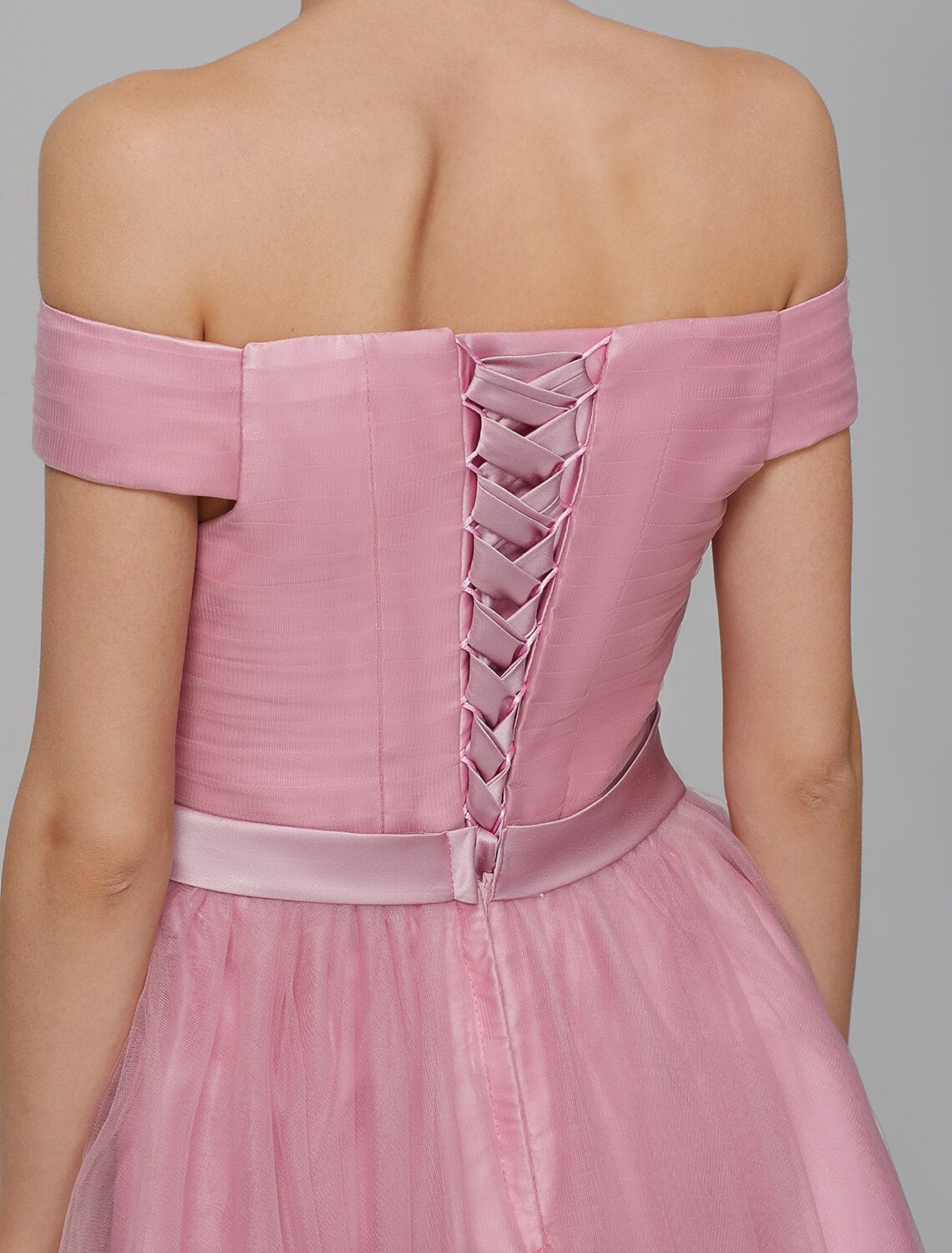 A-Line Off Shoulder Knee Length Tulle Bridesmaid Dress with Sash / Ribbon Draping