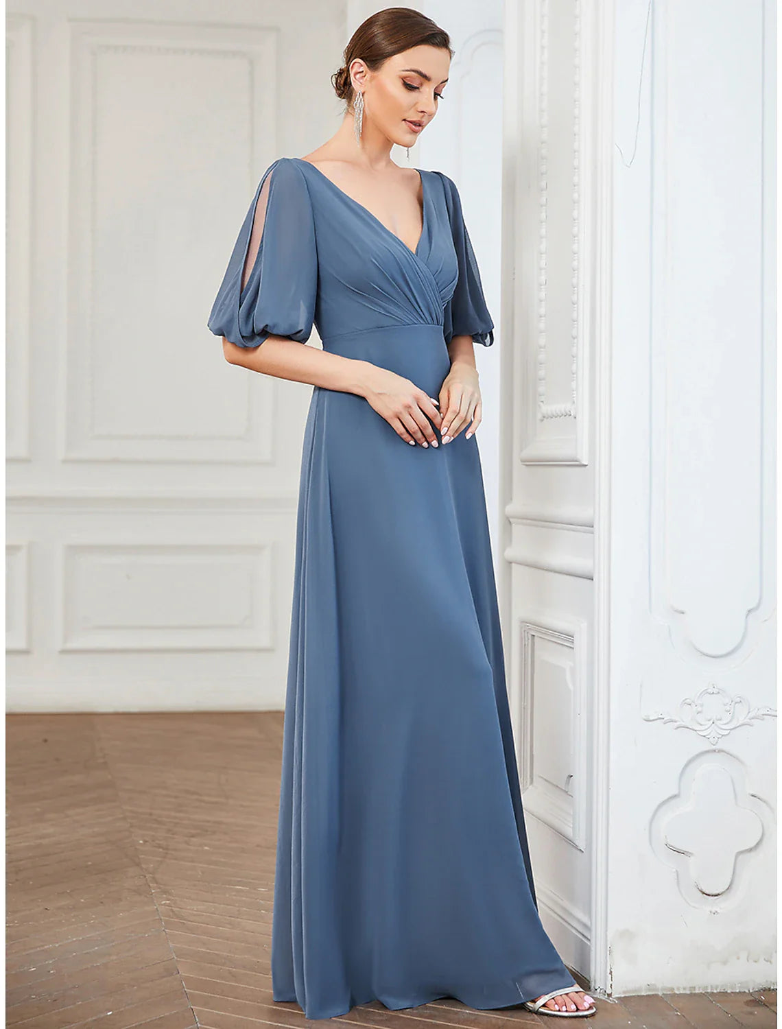 A-Line Evening Gown Minimalist Dress Wedding Guest Prom Floor Length Half Sleeve V Neck Chiffon