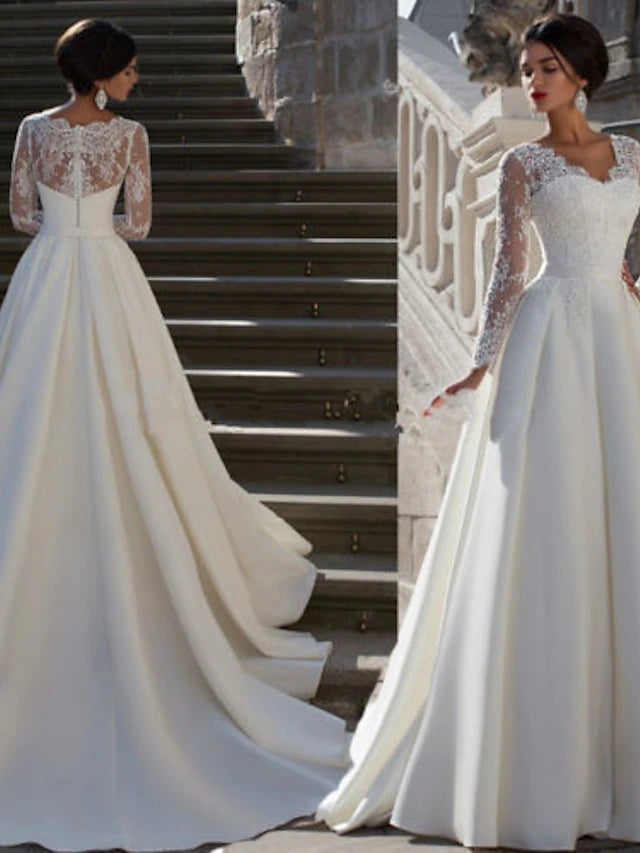 Engagement Formal Wedding Dresses Court Train A-Line Long Sleeve V Neck Satin