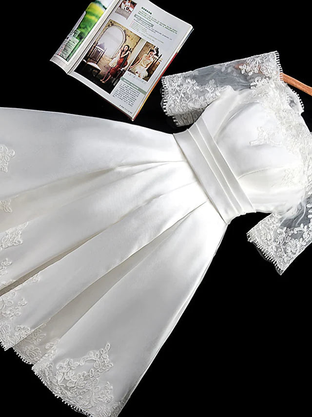 A-Line Bridesmaid Dress Off Shoulder Short Sleeve Elegant Short Mini Satin with Lace Beautiful