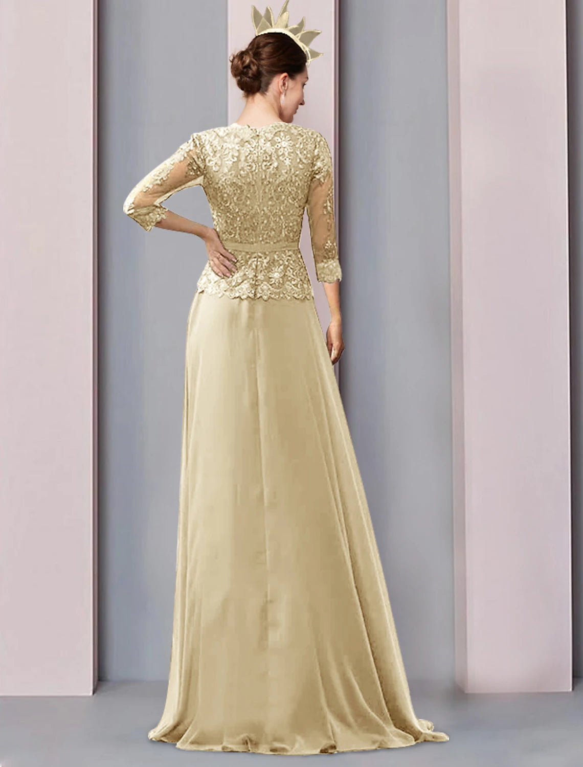 A-Line Mother of the Bride Dress Wedding Guest Elegant V Neck Floor Length Chiffon Half Sleeve with Lace