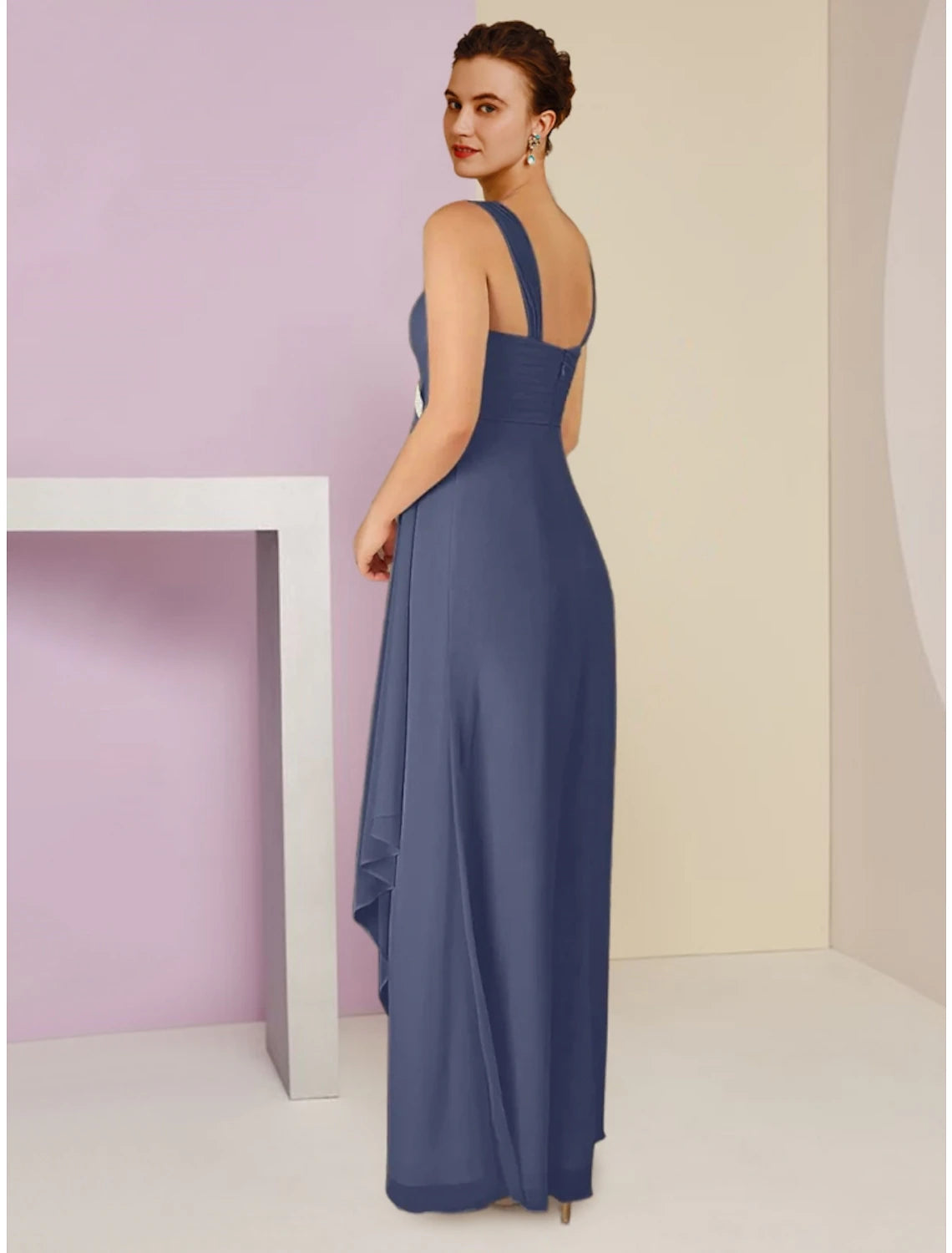 A-Line Mother of the Bride Dress Wedding Guest Elegant Square Neck Ankle Length Chiffon Long Sleeve with Crystal Brooch